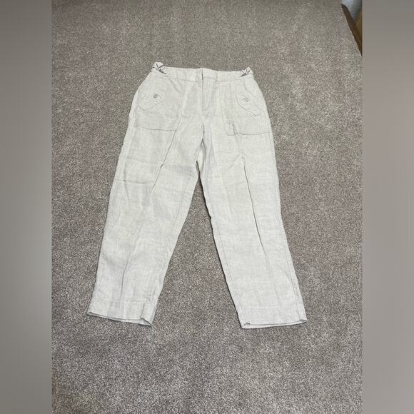 Athleta womens Linen Tapered Ankle Leg Pants Snap Pockets Natural Beige size 12 - Picture 1 of 12